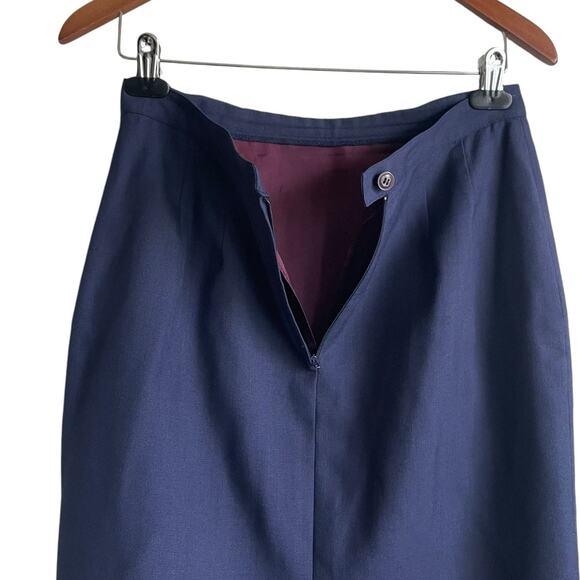 Women Pencil Skirt 10 Navy Midi Length Rayon Linen Pleated Uniform Secretary Y2K - Picture 5 of 10
